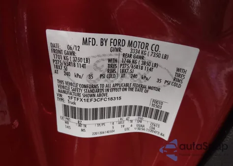 2012 Ford F-150 Xlt z USA, uszkodzony, nr VIN 1FTFX1EF3CFC18315